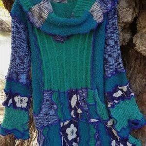 Vibrant Blue and Green Long Sleeve Dress upcycled sweater dress